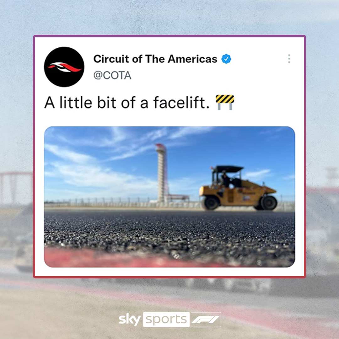 SkySportsF1's tweet photo. Bye bye bumps! 👋

The Circuit of The Americas has repaved turns 2-10 and 12-16 and reinforced areas around turns 2 &amp; 10 to create an 'ideal track' for 2022's events 🚧 https://t.co/J234WPRbHK
