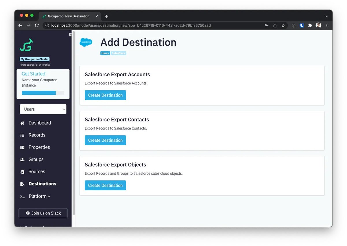 Grouparoo (@grouparoo) on Twitter photo It's even simpler to use Grouparoo to sync data to <a href="/salesforce/">Salesforce</a> with our Common Salesforce Destinations!
buff.ly/33sRDYB It's even simpler to use Grouparoo to sync data to <a href="/salesforce/">Salesforce</a> with our Common Salesforce Destinations!
buff.ly/33sRDYB