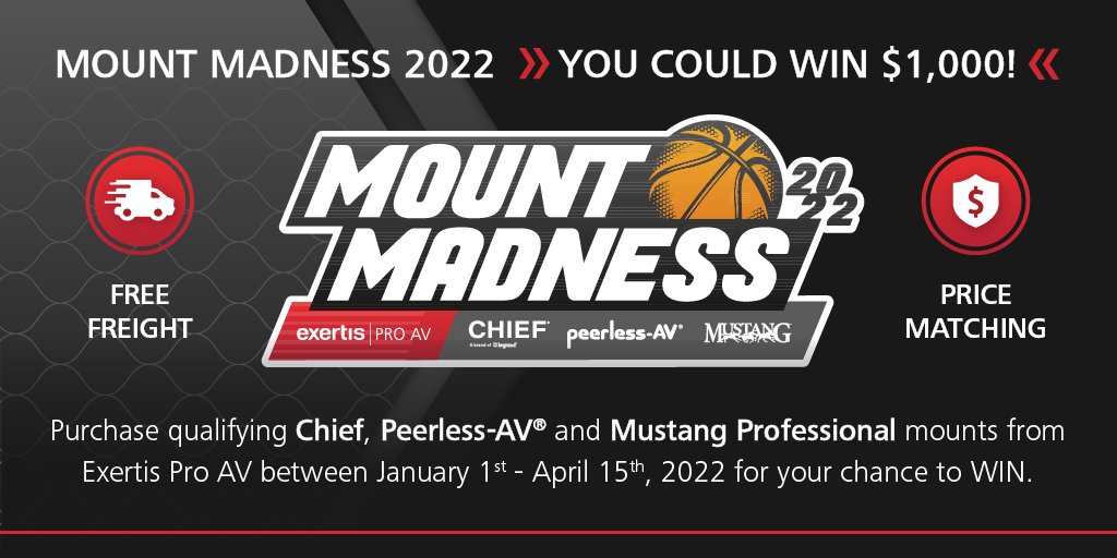 Mount Madness 2022 has officially BEGUN!

Purchase qualifying <a href="/chiefmfg/">Chief</a>, <a href="/PeerlessAV/">Peerless-AV</a> and Mustang Professional mounts from Exertis Pro AV between January 1st - April 15th, 2022 for your chance to WIN $1,000! US only. #exertisproav #exertisusa

Learn more: ow.ly/oqlE50Hz5bE