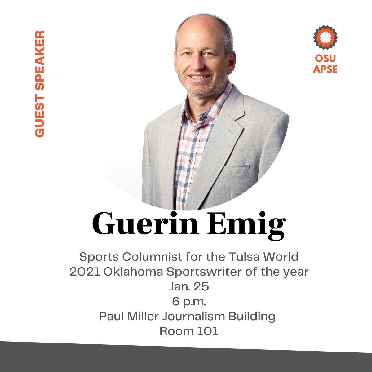 OSUAPSE's tweet photo. Thrilled to announce Guerin Emig as our guest for the first meeting of second semester! Earlier this week, Emig was named the National Sports Media Association Oklahoma sportswriter of the year. 

Looking forward to hosting him Tuesday night! See you there! 🍕✍️
#OKState https://t.co/muY7Hb6lnD