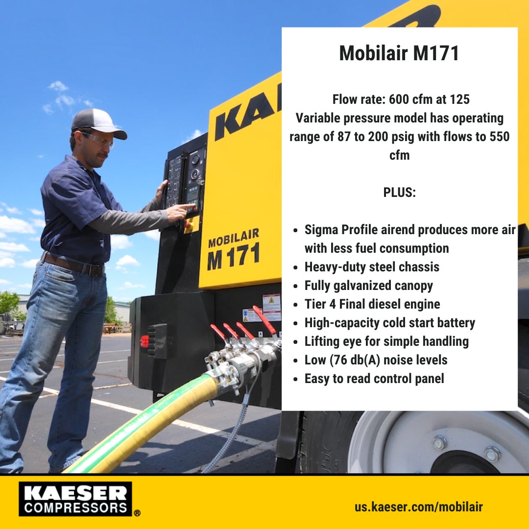 KaeserUSA's tweet photo. If you're looking for a #portablecompressor check out what #Clemco had to say about our M171! You can watch the whole video on our YouTube channel. #WOC2022 #dieselcompressor #aircompressors #mobilair #sandblastingcompressor #sandblasting #clemcoindustries https://t.co/laxdtTXo2W