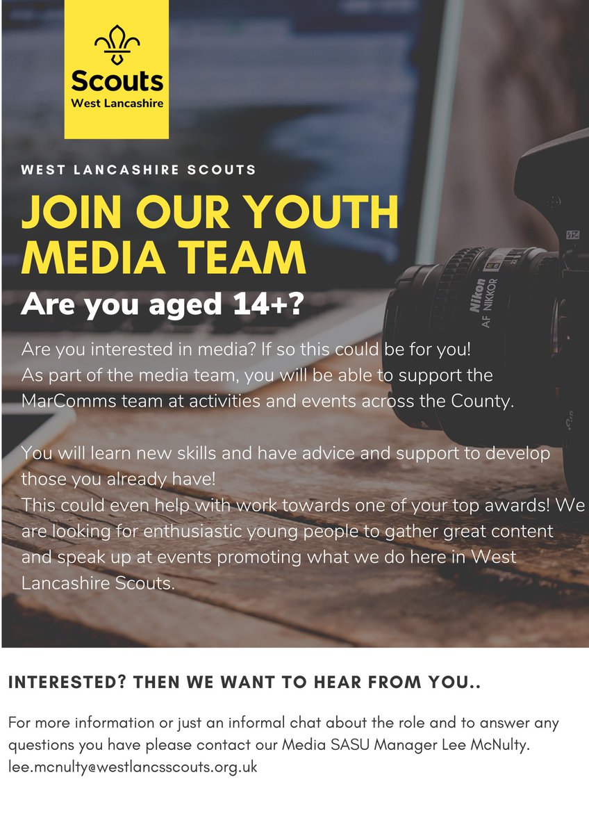 WestLancsScouts's tweet image. We are on the look out for young people to join our Youth Media Team. This is a great opportunity to learn some industry recognised skills, gain experience and use the skills towards one of your Top Awards! 
Any questions, please email: Lee McNulty
