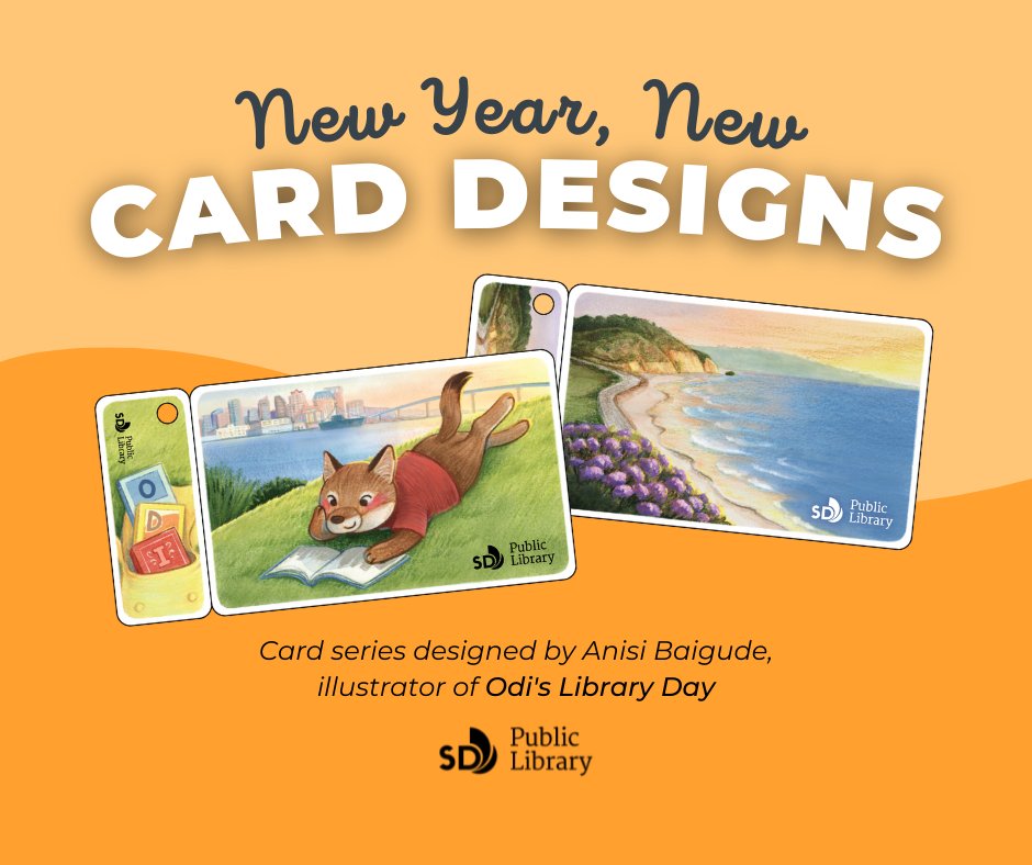 SDPublicLibrary's tweet photo. With all the hoopla surrounding #myfirstlibrarycard, it’s natural as a slightly or very much older person to feel a little left out! Don’t worry, we have some new designs (illustrated by the amazing @anisibaigude) that are now available! https://t.co/BvY0tsRWtw