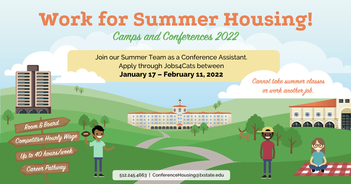 Want to get involved this summer? ☀️ Apply to be a Conference Assistant! Applications open on Jobs4Cats until Feb. 11. Visit careerservices.txstate.edu/jobs4cats.html