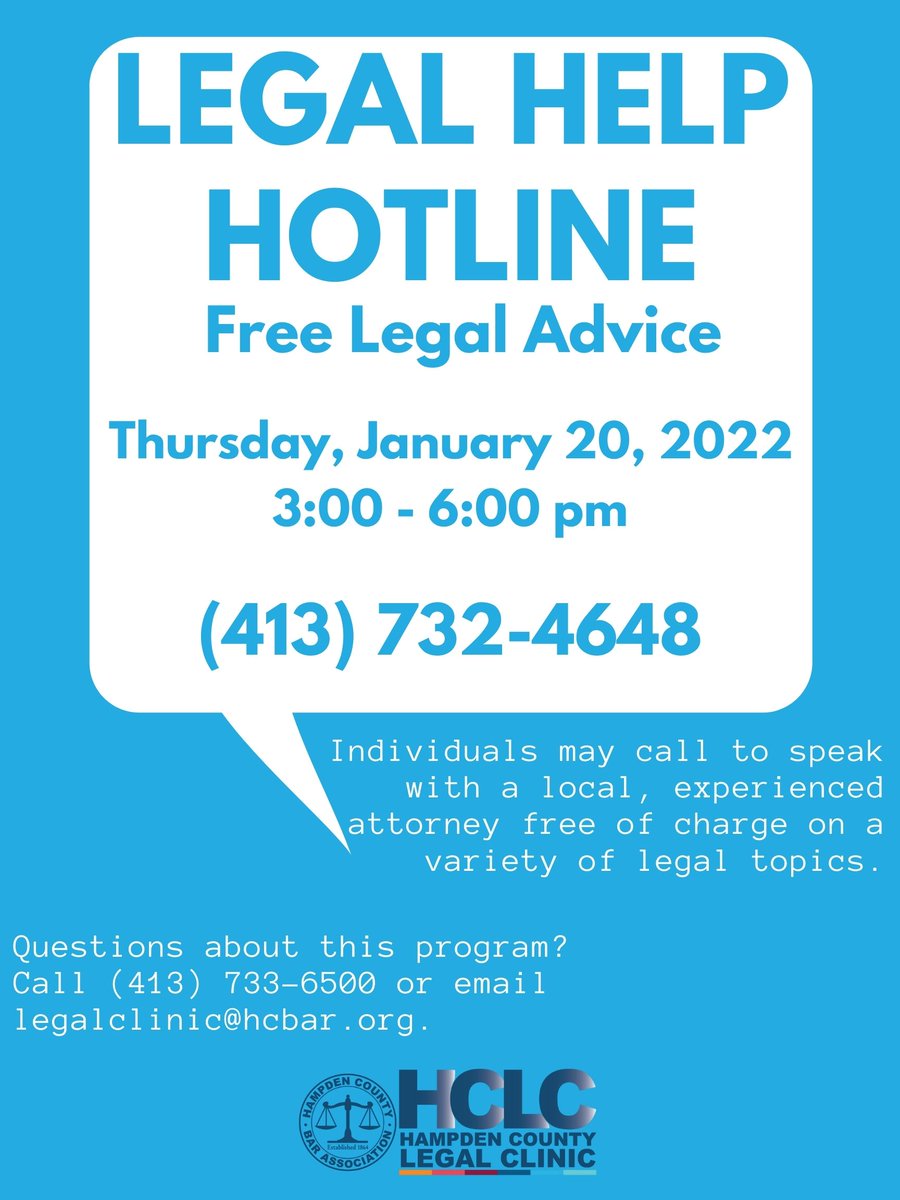 FREE LEGAL ADVICE TONIGHT! 
#HampdenCounty #WesternMass #WesternMA #SpringfieldMA #FreeLegalAdvice #AccessToJustice #LegalHelpHotline #HampdenCountyBarAssociation #HCBA #ProBono