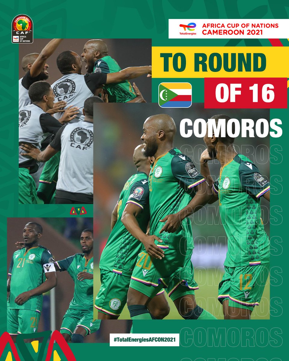 caf_online_FR's tweet image. PHASE ÉLIMINATOIRE ✅
Équipe : Comores 🇰🇲
Statut : Sécurisé ✅

#TeamComoros se qualifie en 8️⃣èmes de finale lors de sa toute première participation #TotalEnergiesAFCON ! 🤩

#TotalEnergiesAFCON2021 | #CAN2021