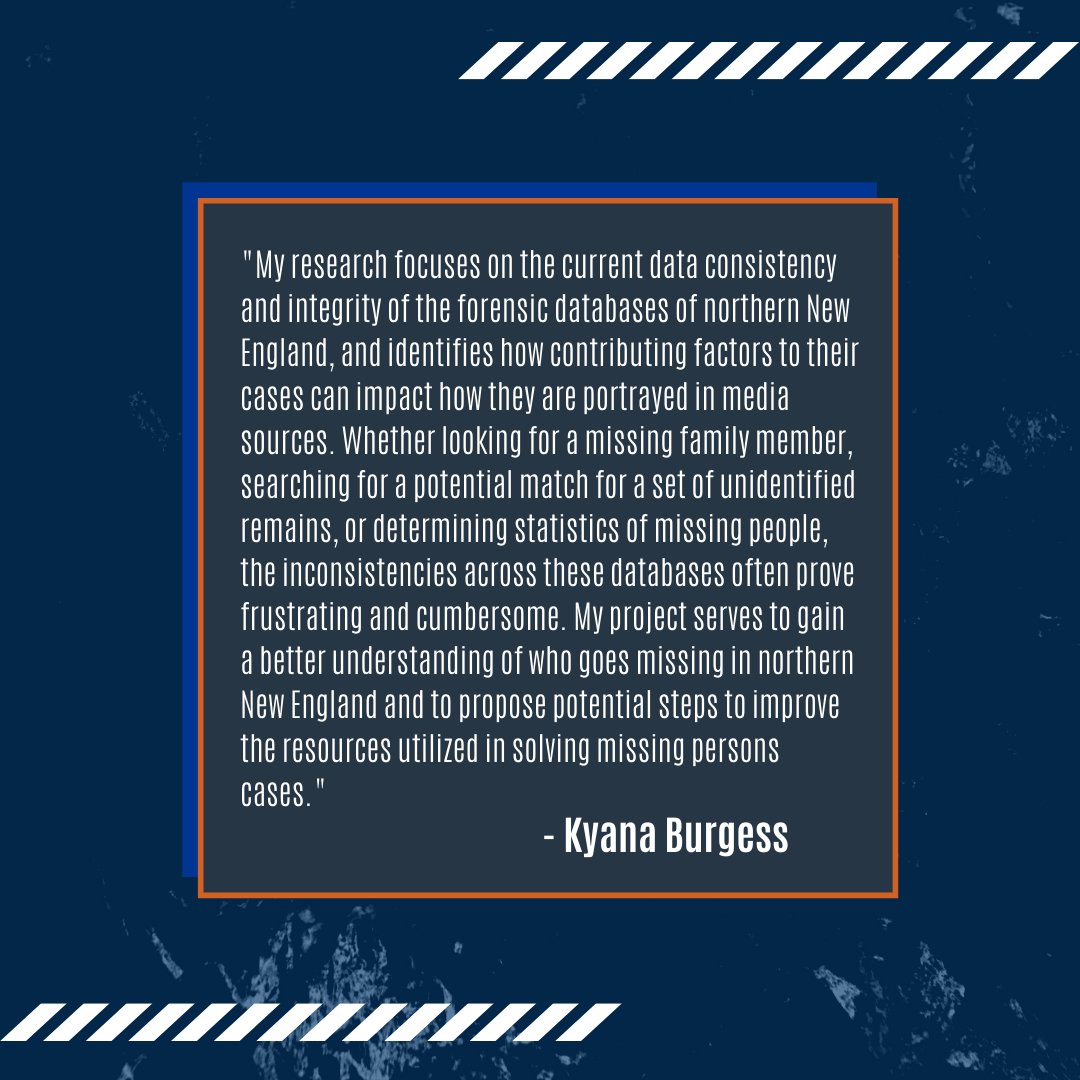 UNH_GRSIL's tweet photo. Meet January Research Scholar: Kyana Burgess! Learn more about Kyana's project "Exploring Race, Sex, Age, and Geographic Location Discrepancies in Missing Persons Reports: The Northern New England Perspective" https://t.co/3ZgDEln1i5