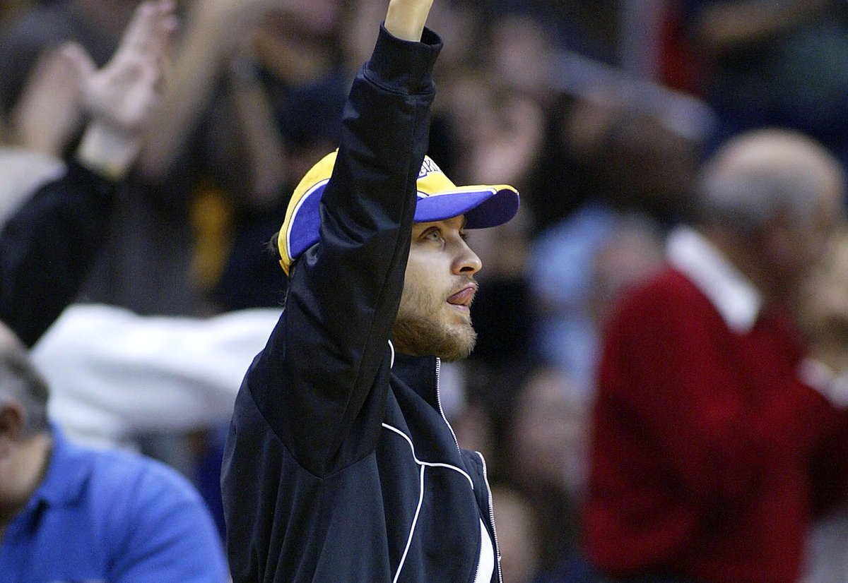 CJToledano's tweet photo. Let Tobey Maguire coach the Lakers. Look how much he loves them. https://t.co/9qAmcPyra0
