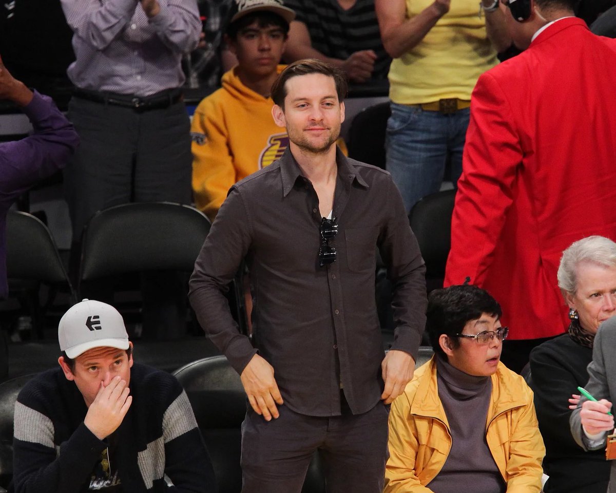 CJToledano's tweet photo. Let Tobey Maguire coach the Lakers. Look how much he loves them. https://t.co/9qAmcPyra0