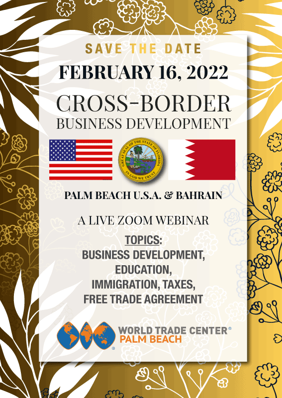 wtcpalmbeach's tweet photo. EVENT: Learn about the evolving relationships between the business and educational communities of Palm Beach U.S.A. and the Kingdom of Bahrain.

https://t.co/cXelwzKq0g

 #wtca #bahrain #palmbeach https://t.co/P4mTNqrHAf