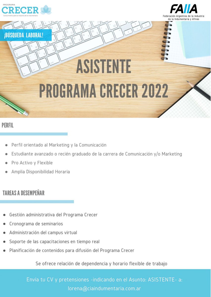 FAIIAPCrecer's tweet photo. 🙌⚡️Sumate a nuestro equipo ⚡️🙌
📣En @FAIIAPCrecer estamos buscando Asistente para el Programa Crecer 📣
🔍Buscamos un perfil orientado al #marketing y la #comunicación
¡No te quedes afuera y mandanos tu CV! https://t.co/gvW68iKOfo