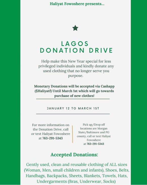 MorganStateASO's tweet image. Please help and donate to Lagos Donation Drive started by @haliyatfowos_ Help this new year be special for the less privileged. Donations of clean clothing, accessories etc of all sorts are accepted. Contact @haliyatfowos_ for more information and any questions 💚🤍