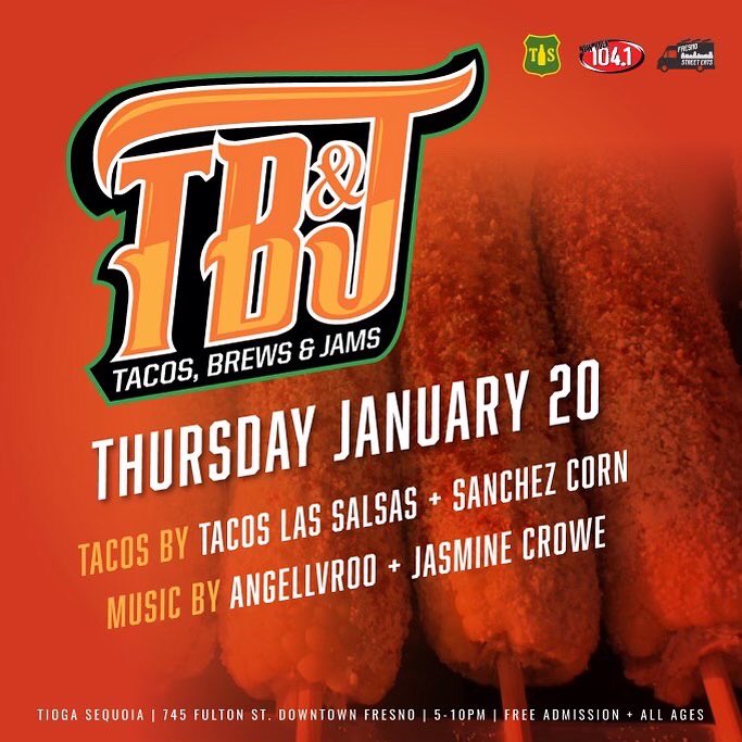 1st <a href="/TacosBrewsJams/">TacosBrewsJams</a> of 2022 tonight 

Tacos: Tacos Las Salsas &amp; <a href="/sanchezcorn/">Sanchez Corn</a> 

Brews: <a href="/TiogaSequoia/">Tioga-Sequoia Brewing Co.</a> 

Jams: Jasmine Crowe &amp; AngelVroo

See you there with <a href="/mikeoz/">Mike Oz</a> &amp; <a href="/fresnostreeteat/">FresnoStreetEats</a>