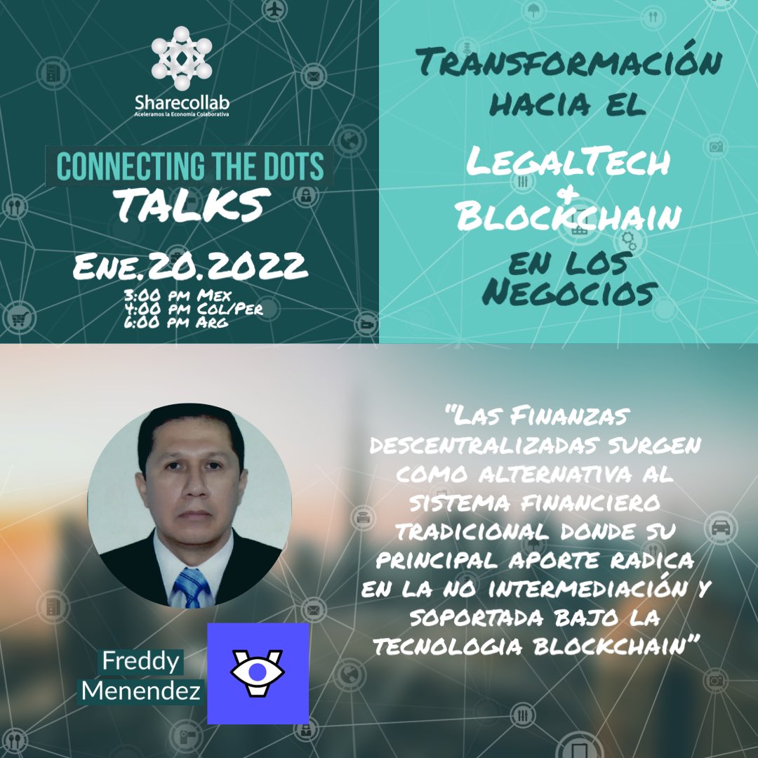 sharecollabco's tweet image. Las Finanzas descentralizadas surgen como alternativa al sistema financiero tradicional donde su principal aporte radica en la no intermediación y soportada bajo la tecnologia blockchain”
@fmr2609 

Registró al evento: bit.ly/3HXhIxm