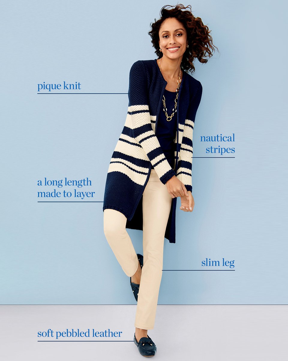 We’ve said it before, and we’ll say it again: navy and white will NEVER go out of style. Shop now: cur.lt/trwijnaza #mytalbots #outfitinspo #winterstyle #modernclassicstyle