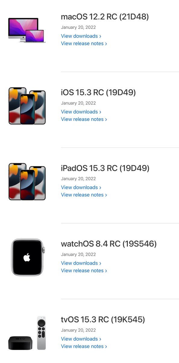 zollotech's tweet image. Along with iOS 15.3 RC, Apple also released:

iPadOS 15.3 RC
watchOS 8.4 RC
tvOS 15.3 RC
macON 12.2 RC
