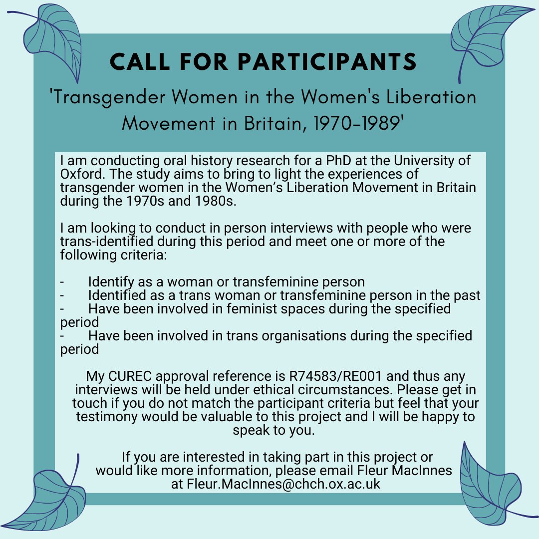 Reposting as I'm still looking for potential interviewees! 
I'm working on a trans-centred history of the Women's Liberation Movement in Britain and I am looking for participants to take part in oral history interviews. #CallForParticipants #OralHistory #TransHistory