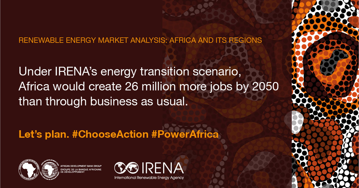 IRENA's tweet photo. Jobs created through the #EnergyTransition in Africa would outstrip #fossilfuel-related job losses by a factor of four, presenting a significant net gain to regional economies.

Read #IRENA-@AfDB_Group report to learn more: https://t.co/OQsGrNcNIU https://t.co/vY5ZVTSK7K