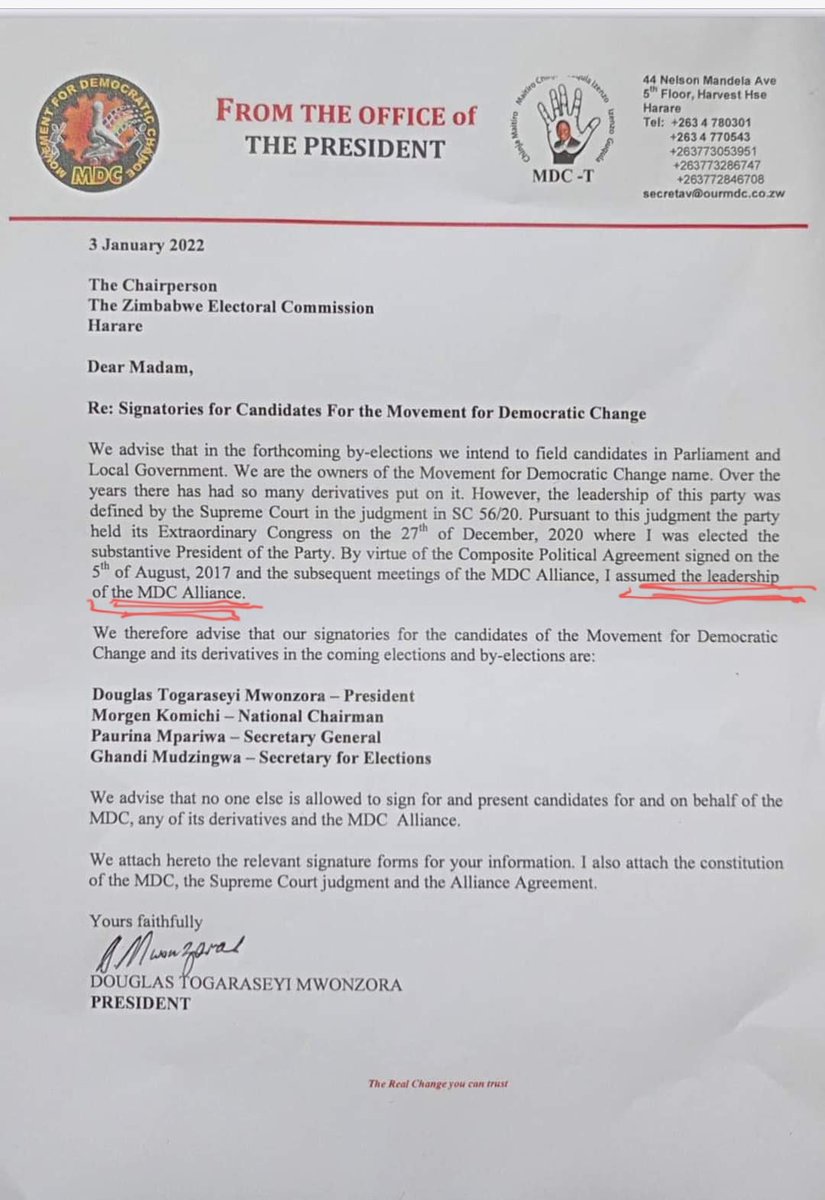 Prof Jonathan Moyo (@profjnmoyo) on Twitter photo "I assumed the leadership of the MDC Alliance"; <a href="/DMwonzora/">Sen Douglas Mwonzora</a> in his 3 Jan 2022 letter to <a href="/ZECzim/">Zimbabwe Electoral Commission</a>.
It's an open and shut case of self-expulsion. Surely, he cannot be President of two parties, MDC-T and MDC-A, at one and the same time. A no brainer, he kicked himself out of MDC-T! "I assumed the leadership of the MDC Alliance"; <a href="/DMwonzora/">Sen Douglas Mwonzora</a> in his 3 Jan 2022 letter to <a href="/ZECzim/">Zimbabwe Electoral Commission</a>.
It's an open and shut case of self-expulsion. Surely, he cannot be President of two parties, MDC-T and MDC-A, at one and the same time. A no brainer, he kicked himself out of MDC-T!