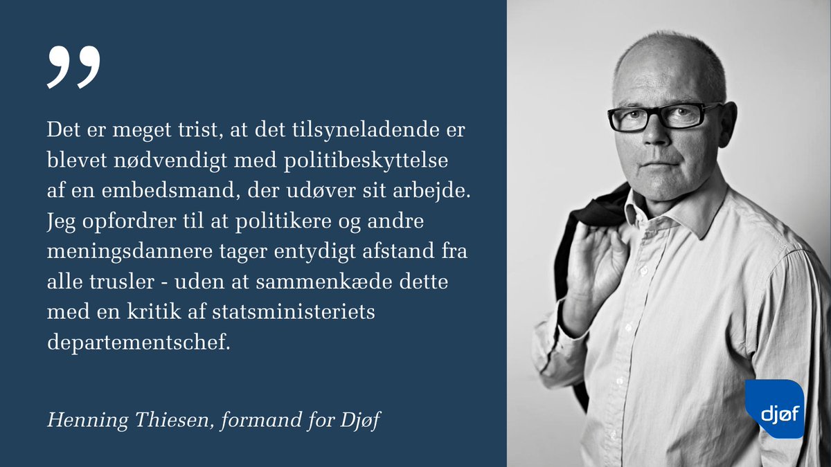 Politiken skriver i dag, at statsministeriets departementschef, Barbara Bertelsen, nu får fast PET-beskyttelse - både på arbejde og privat. 

Henning Thiesen, formand for Djøf, opfordrer alle i #dkpol til at tage afstand fra trusler👇

politiken.dk/indland/art857… <a href="/politiken/">Politiken</a>