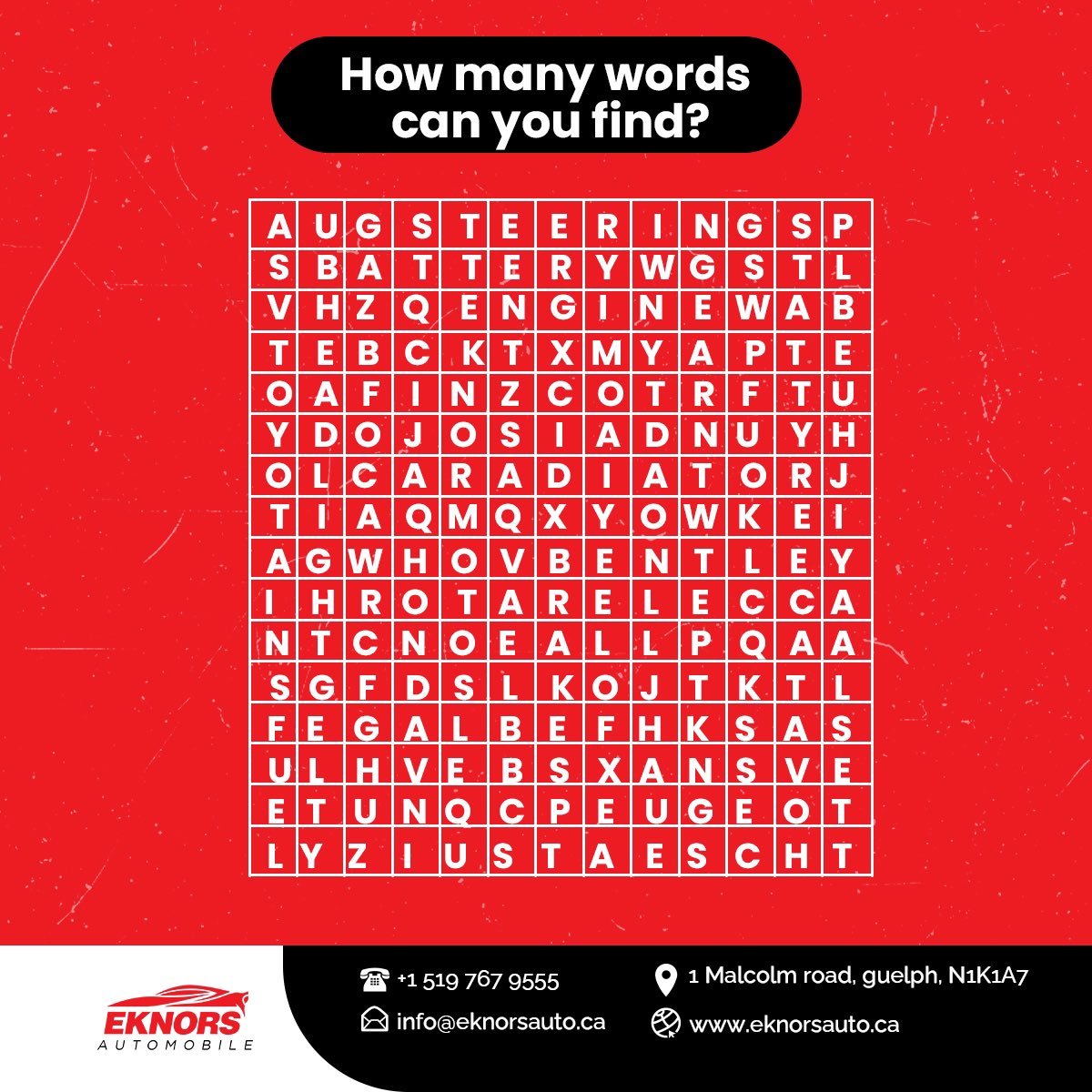 Let’s have fun, it’s trivia Thursday

How many car related words can you find in these puzzle?

Comment below the words you can find, you can be the lucky person.

#car #cardealership #dealership #eknorsauto #NFTCommunity #ONStorm #guelp #ontario #canada
