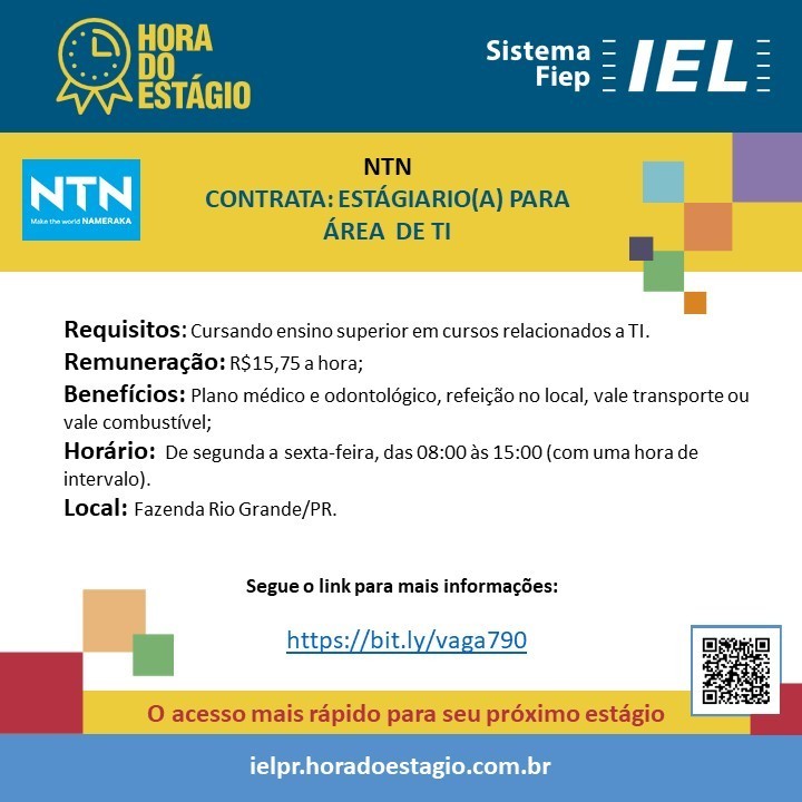 ielpr's tweet photo. 👉 Vaga de estágio na área de TI 👈

A NTN está com uma vaga aberta para compor a sua equipe de TI, para se candidatar você deves estar cursando o ensino superior em cursos relacionados a TI.

Quer saber mais? 
➡ https://t.co/cafvdT0KNg https://t.co/ySUTF8a7ia