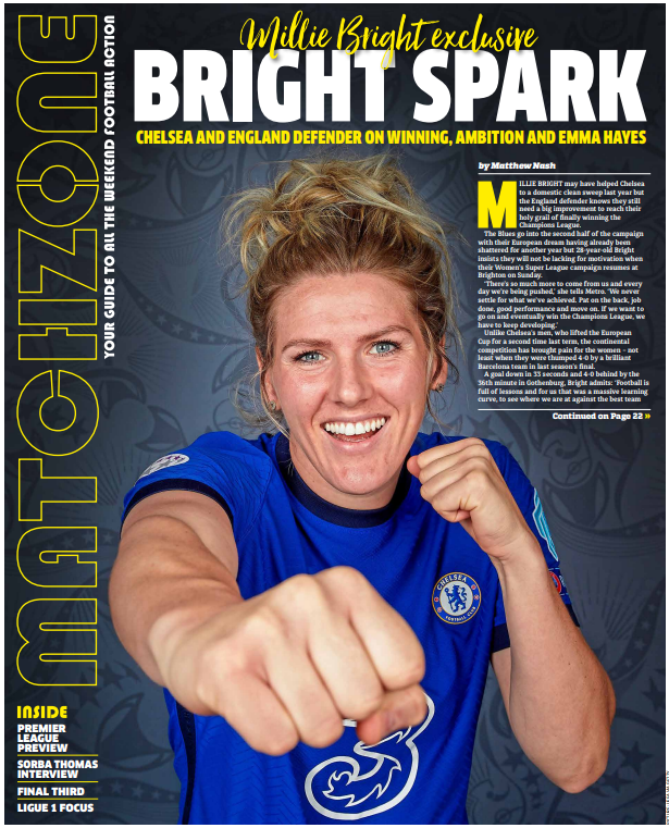 metrosportHQ's tweet photo. In Friday's #Matchzone we have an exclusive interview with @ChelseaFCW and @Lionesses defender @Mdawg1bright Plus Huddersfield's rising star Sorba Thomas, @james_eastham on Ligue 1 and all the weekend Premier League previews. Grab one. https://t.co/5QKmwMwsi1