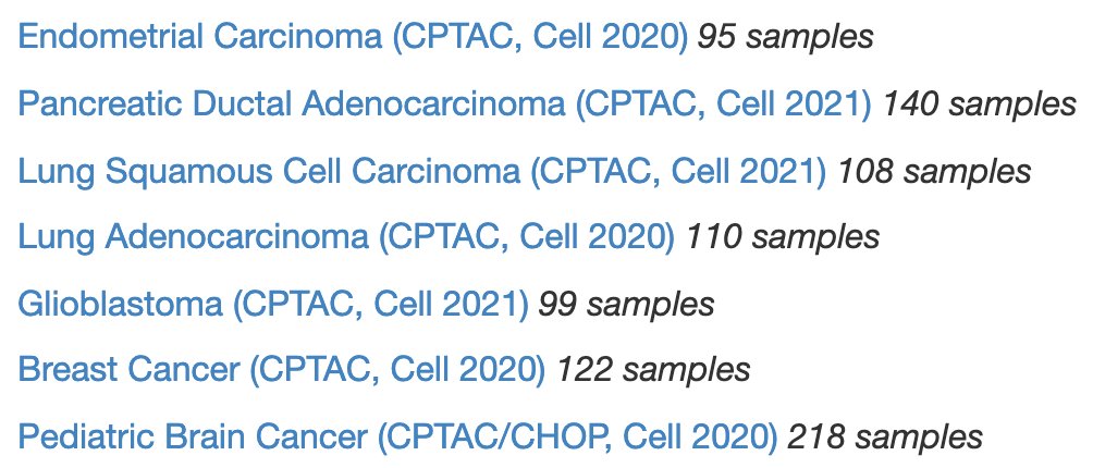 We added several new studies from @NCItreatment's Office of Cancer Clinical Proteomics Research CPTAC project, with protein and phospho-protein levels from 892 samples across 7 cancer types. Thanks to @TheHyveNL for the curation help.