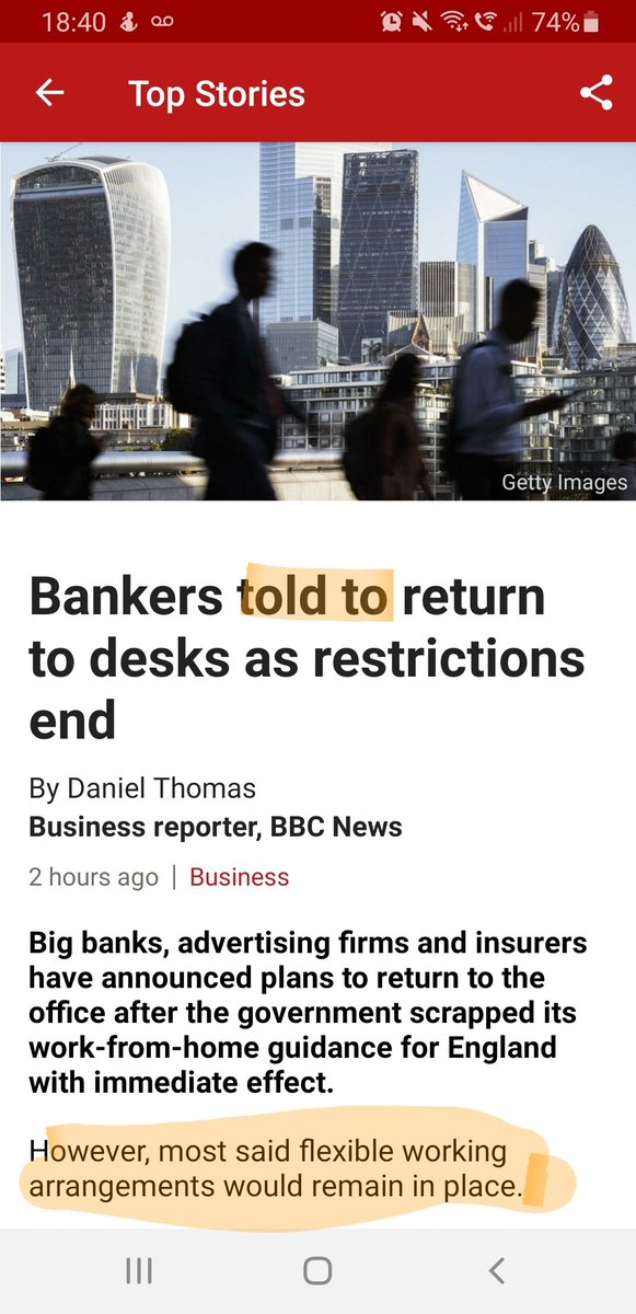 DanConnell's tweet photo. @BBCNews what gives with the headline discrepancy? Don't you think you have a responsibility to not deliberately induce anxiety? Have *all* bankers been told to return to desks by *all* banks? Even your bloody article says not! Headlines are journalism too, have some standards! https://t.co/gpi0JHr3cY