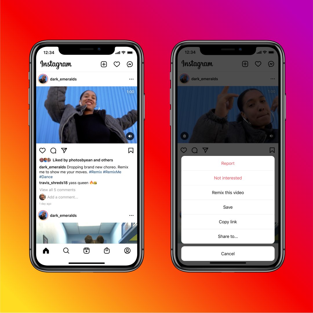 instagram's tweet photo. We love seeing our community get creative with a Remix moment on Reels. 😎

Starting today, we are rolling out a feature where you can Remix any new public video that you see on Instagram. 🙌

Videos posted prior to this launch will not be affected. https://t.co/X8zH7QV8wS