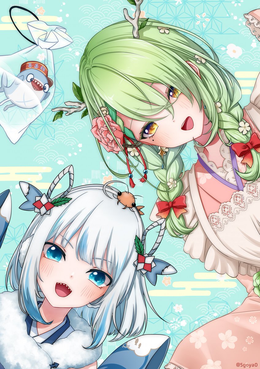 ceres fauna ,gawr gura multiple girls 2girls green hair sharp teeth braid kimono blue eyes  illustration images