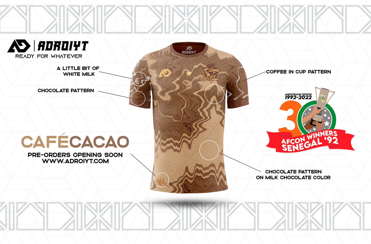 adroiyt's tweet photo. 30 years ago, Côte d’Ivoire won its first AFCON. In order to keep the spirit alive and celebrate this anniversary, we released 3 collector jerseys for everybody to take part of the celebration. Here is the first one: named CAFE CACAO https://t.co/gcvgMs7Xb9 https://t.co/kx3Yj6pEI8