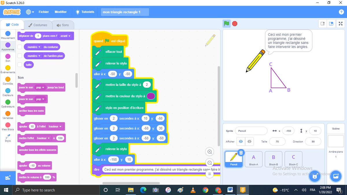 AriosteM's tweet photo. #ped4760
Ouf ! Je n’ai trouvé aucune lecture sur comment nommer une figure. Toutefois, en créant 3 sprites personnalisé A, B et C, mon triangle à désormais un nom. J’ai aussi changé le chat par un crayon pour rendre le tracer plus concret. 
Étape suivante : les blocs https://t.co/xqPQ4tN7vJ
