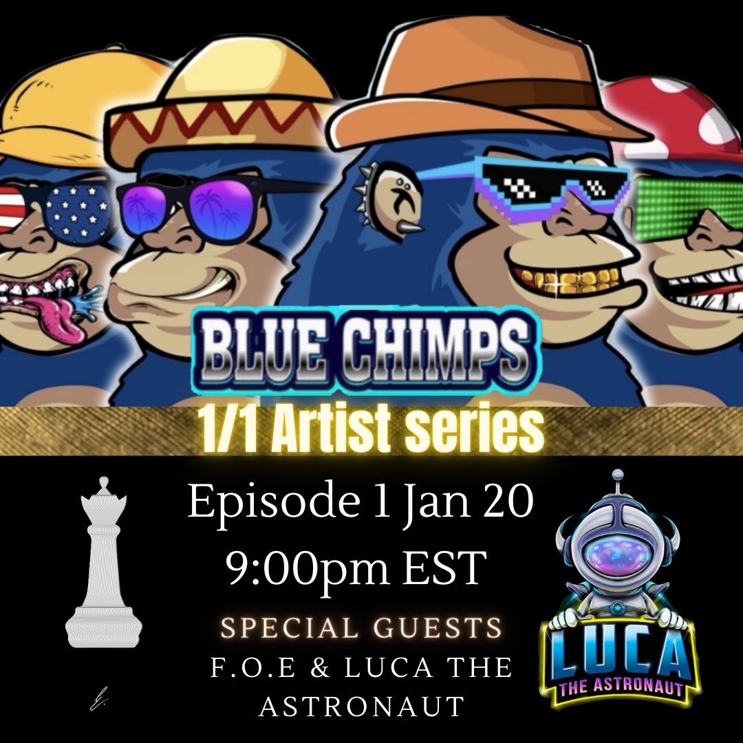 BlueChimpz's tweet photo. 💯WHO DOESN’T LOVE🔥🔥ART?🚀

**Join us today for the very first episode of BC 1/1 ArtistSeries**

We will be featuring 2 amazing 1/1 artists in the space:

@lucatheastronaut and
@facilityofe

⬇️ Set your ⏰ &amp; ❤️-RT-💬 ⬇️
https://t.co/s0xvRkfKjL https://t.co/CUdwNPkJMu