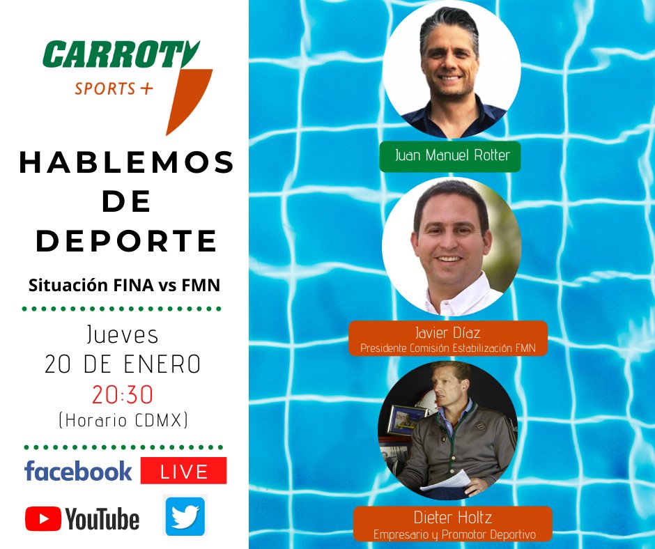 Regresa "Hablemos de Deporte" en <a href="/CarrotvSports/">Carrotv Sports +</a> y qué mejor que para hablar de la problemática entre @fina1908 y la <a href="/FemexNatacion/">F.MexicanadeNatacion</a>. Platicaré con <a href="/javierdiazglz/">Javier Díaz</a>, Presidente de la Comisión de Estabilización de la FMN y con Dieter Holtz, empresario y promotor deportivo.