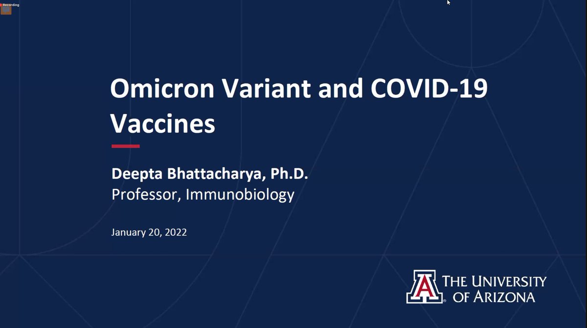 UAZBIO5's tweet photo. Dr. Deepta Bhattacharya, professor @ImmunobiologyUA is presenting in today's @UAZProvost webinar, addressing our questions regarding #COVID19 omicron variant. Continue to stay safe, stay home when you're sick.
#BearDownScience #BearDownVaxUp #MaskUpAZ https://t.co/f1QH6Wc977