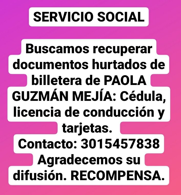 La delincuencia ataca a toda hora y en cualquier lugar.  Favor comunicarse en caso de hallar esta documentación.