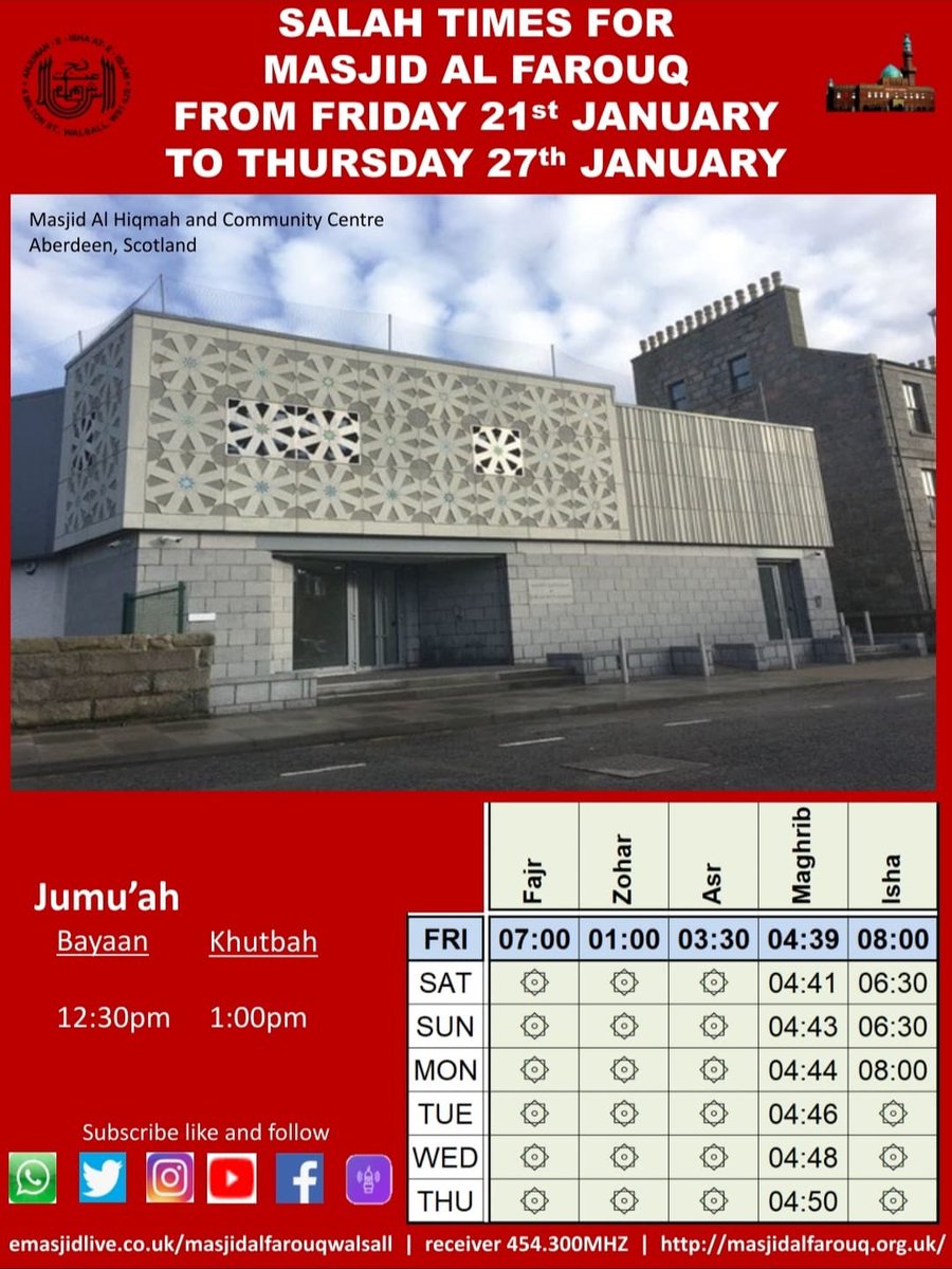 FarouqMasjid's tweet photo. This week’s Salaah timetable features Masjid Al Hikmah in #Aberdeen which was built with local granite. #britishmosques https://t.co/fvAQaywOPE