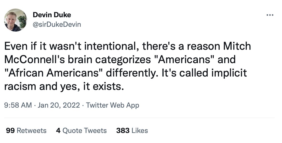 Voters are calling out Sen. Mitch McConnell for implying Black people are not American, shortly after the GOP blocked a bill that would have protected against voter suppression tactics.

“African American voters are voting in just as high a percentage as Americans.”
