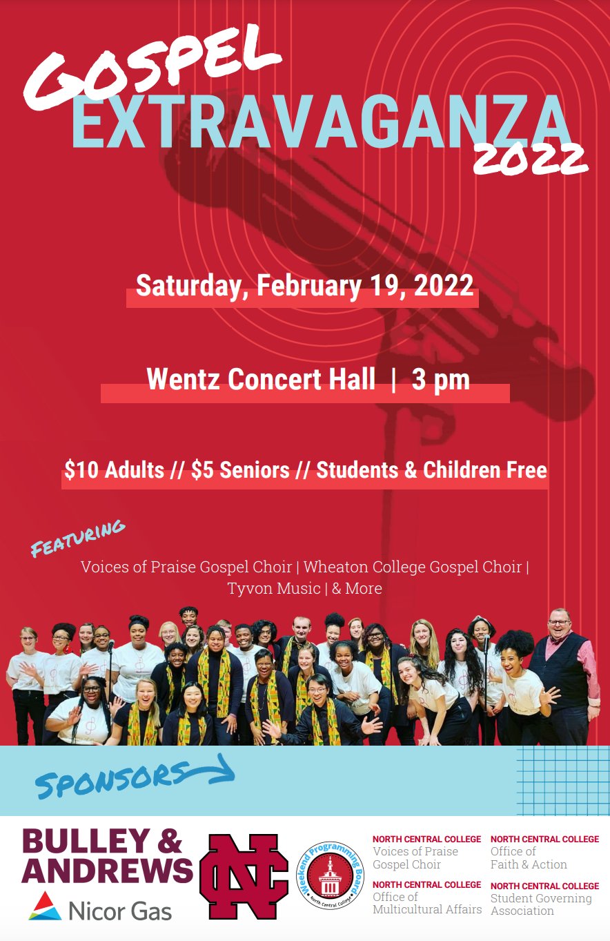 2022 Christmas Break At North Central College North Central College On Twitter: "Save The Date For The 34Th Annual Gospel  Extravanganza! On 2/19, Join In Celebrating #Blackhistorymonth With  Powerful Performances From The College's Very Own @Nccvop And Many Other
