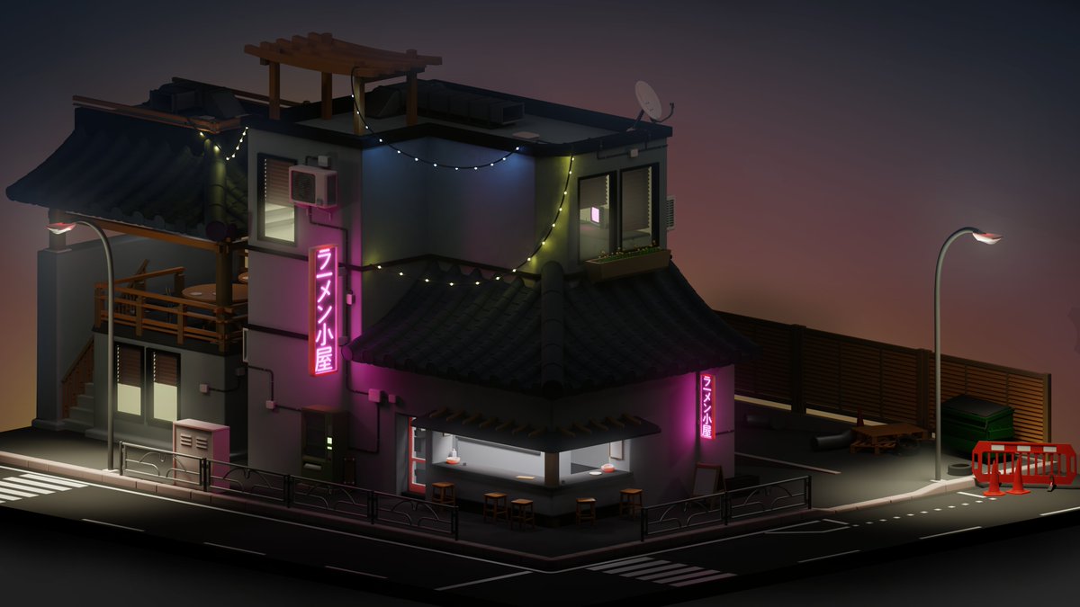 peterjames3d's tweet image. Finished this little scene, it was pretty fun all together! Might make a daytime render but I feel it&apos;s more suited like this. #b3d #3dmodeling