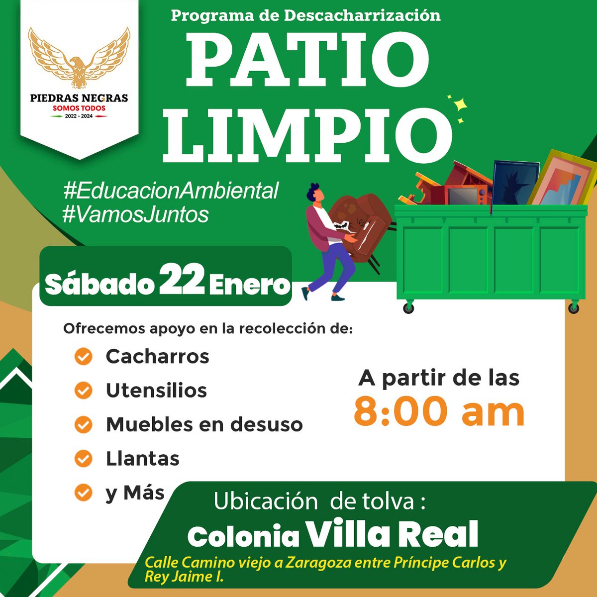 MpioPNegras's tweet photo. Empieza el año con un patio limpio con el programa de “Descacharrización”, te esperamos en la Colonia Villarreal este Sábado 22 de Enero y mantente atento de redes sociales del municipio para próximas tolvas.
En Imagen urbana y Ecolgía #PiedrasNegras #SomosTodos https://t.co/QuxutrVdlp