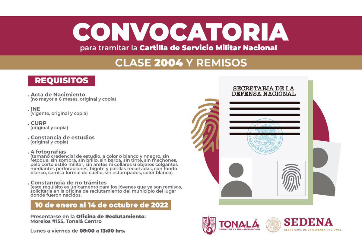 gobierno_tonala's tweet photo. Tramita tu Cartilla de Servicio Militar Nacional 🔖

Te esperamos de lunes a viernes en la oficina de reclutamiento ubicada en Morelos #155 en Tonalá Centro de 8:00 a 13:00 horas. 

Revisa los requisitos para acudir a tramitarla 👇🏽 https://t.co/oKVBkY8SnN