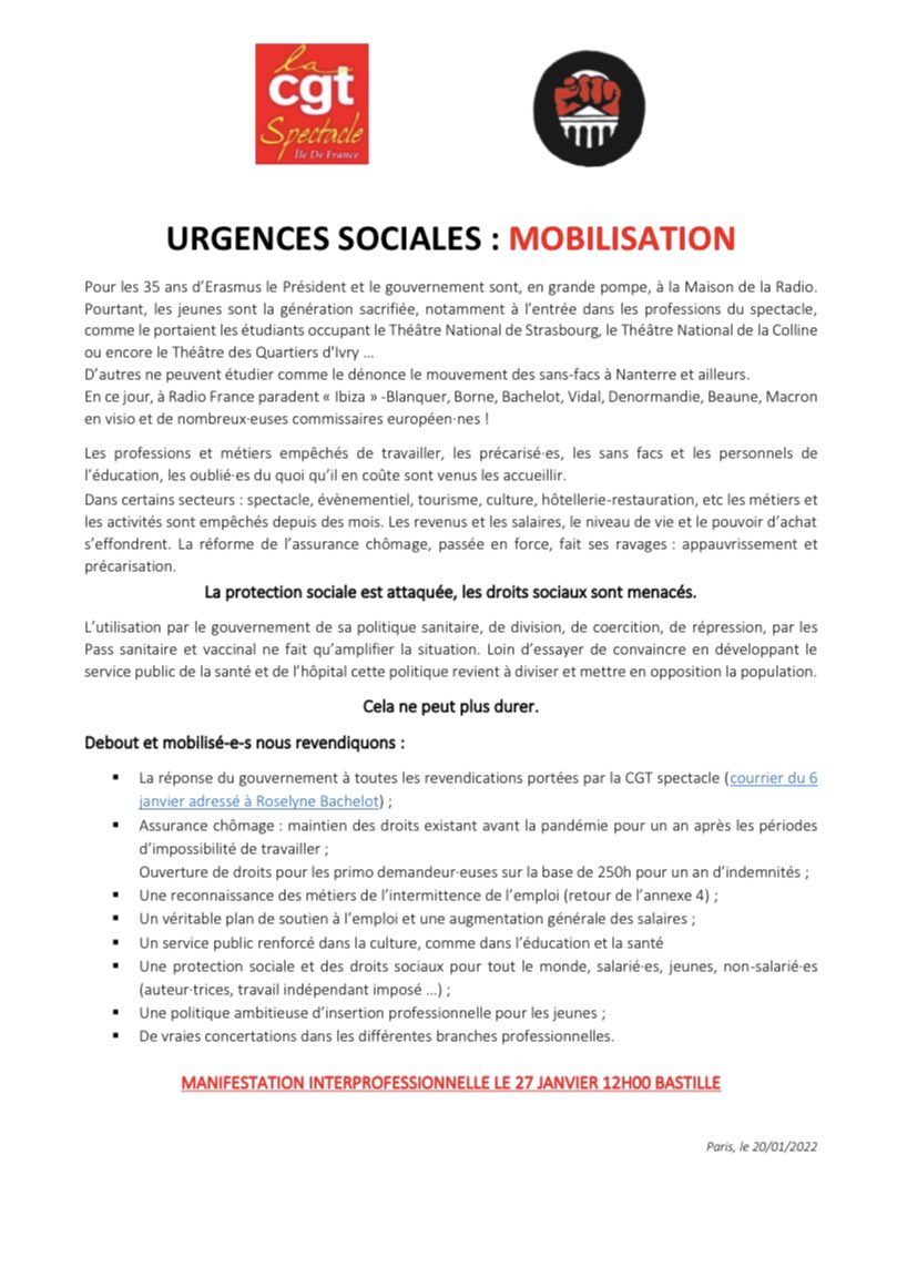 OccupationOdeon's tweet photo. ✊ Urgences sociales : mobilisons nous ! Rendez vous le 27 janvier place de la Bastille à Paris.

Notre communiqué ⤵️

#OccupationOdeon #LaLutteContinue https://t.co/8EuxWgvng0