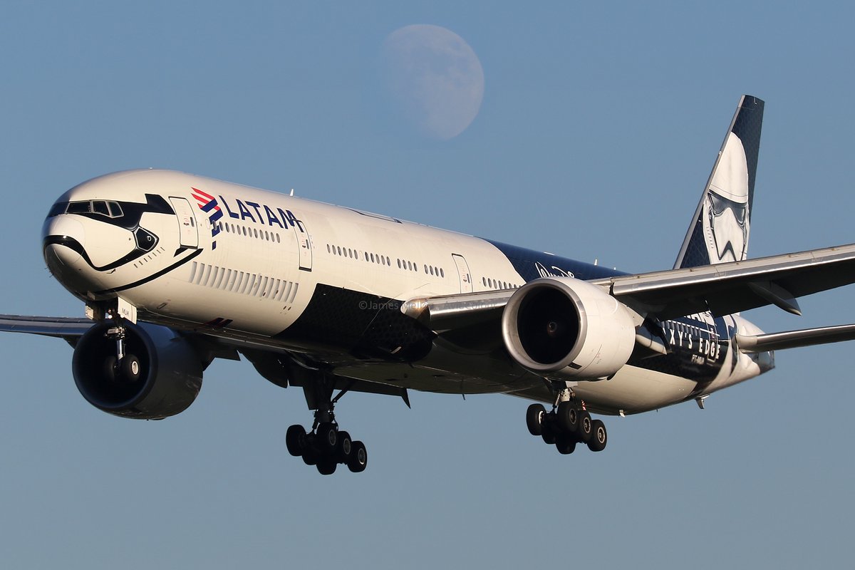 James Mellon (@aviacolour) on Twitter photo The <a href="/LATAMAirlinesUS/">LATAM USA</a> <a href="/Boeing/">The Boeing Company</a> 777-300ER adorned with the bold <a href="/starwars/">Star Wars</a> #GalaxysEdge livery, complete with Storm Trooper on the tail and helmet around the cockpit! Arriving at <a href="/HeathrowAirport/">Heathrow Airport</a> on a glorious winter afternoon last week while the moon rises in the east. The <a href="/LATAMAirlinesUS/">LATAM USA</a> <a href="/Boeing/">The Boeing Company</a> 777-300ER adorned with the bold <a href="/starwars/">Star Wars</a> #GalaxysEdge livery, complete with Storm Trooper on the tail and helmet around the cockpit! Arriving at <a href="/HeathrowAirport/">Heathrow Airport</a> on a glorious winter afternoon last week while the moon rises in the east.