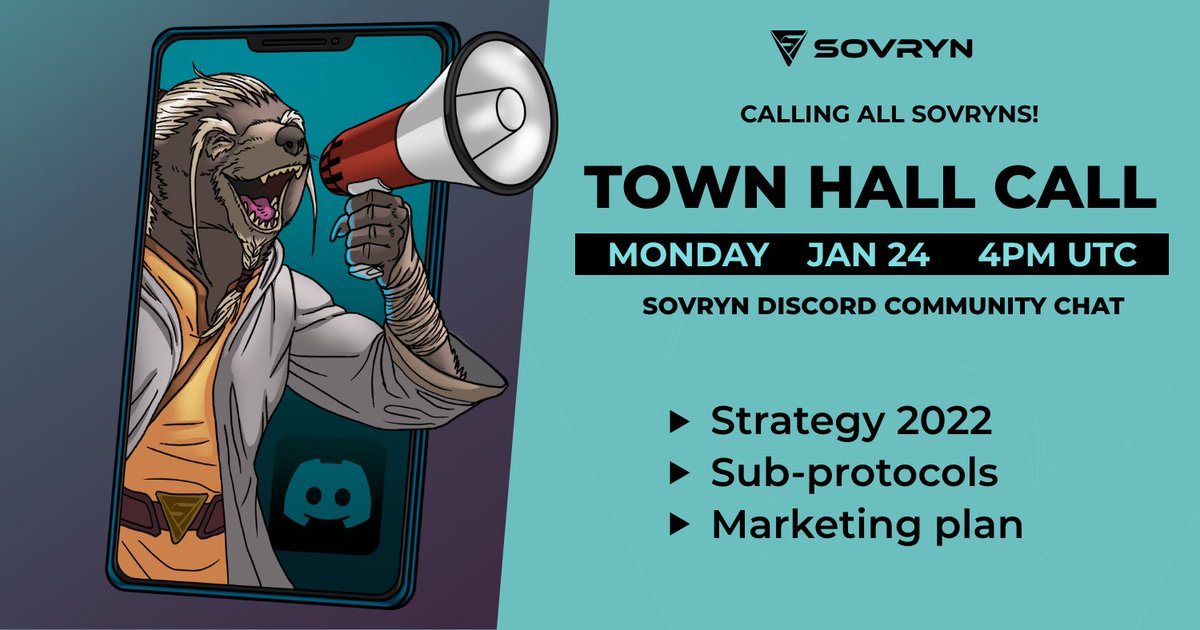 SovrynBTC's tweet photo. Dear Sovryns 📢

We will be hosting a "Town Hall" meeting next week to discuss our strategy for 2022, subprotocols &amp; marketing 🗣️

📆 Monday, Jan 24th 
⏰ 4 pm UTC 
📍 https://t.co/pgQHJcTgVa

Make sure to join us for this special gathering  🦡

Follow our Blog to get ready 👇 https://t.co/XN5UrqmAwt