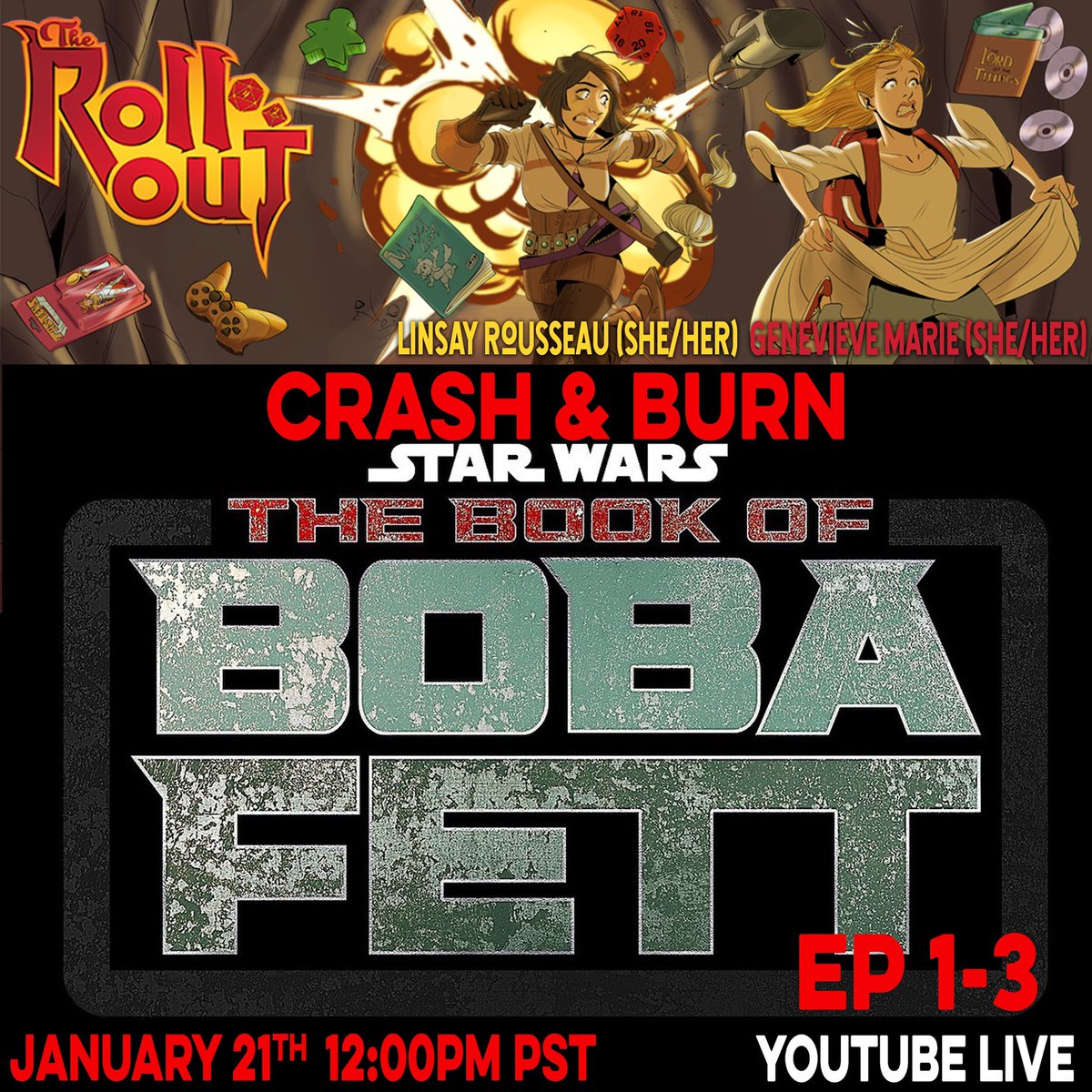 TheRollOutGeek's tweet photo. 💥TOMORROW💥 Catch a new episode of #TheRollOut where @GenevieveNylen and @LinsayRousseau will be discussing the first three chapters of #TheBookOfBobaFett! 

Watch the premiere at Noon Pacific on YouTube ▶️ https://t.co/pAi3L3q6TI https://t.co/XQAAkZGTA2