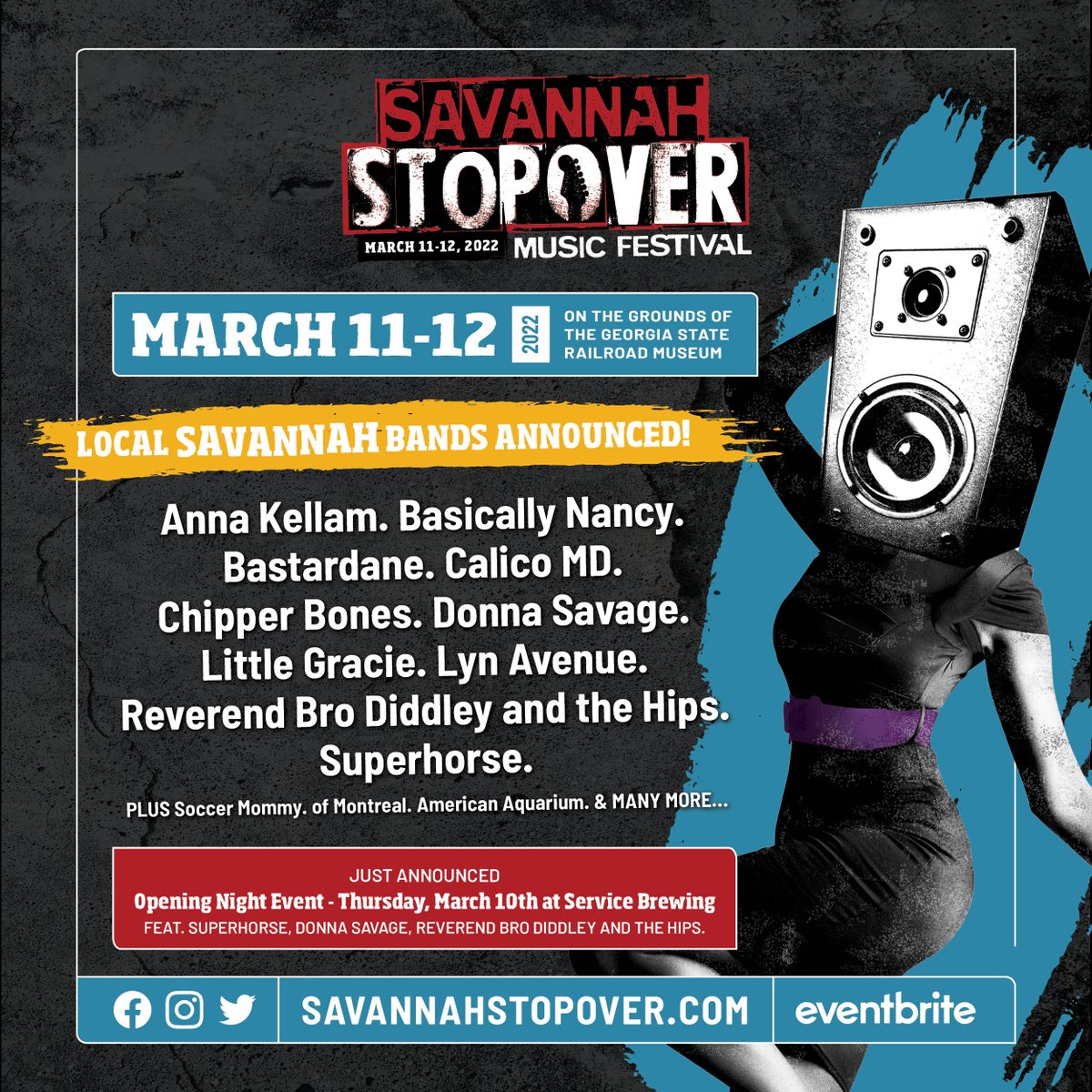 SavStopover's tweet image. Our 2022 local band lineup!

Reverend Bro Diddley and The Hips, Donna Savage and Superhorse will play a special opening night event on 3/11 at @servicebrewing. 

Friday 3/12:
@lynavenue
Little Gracie
Basically Nancy

Saturday 3/13:
Calico MD
Bastardane
@kellam_anna 
@BonesChipper