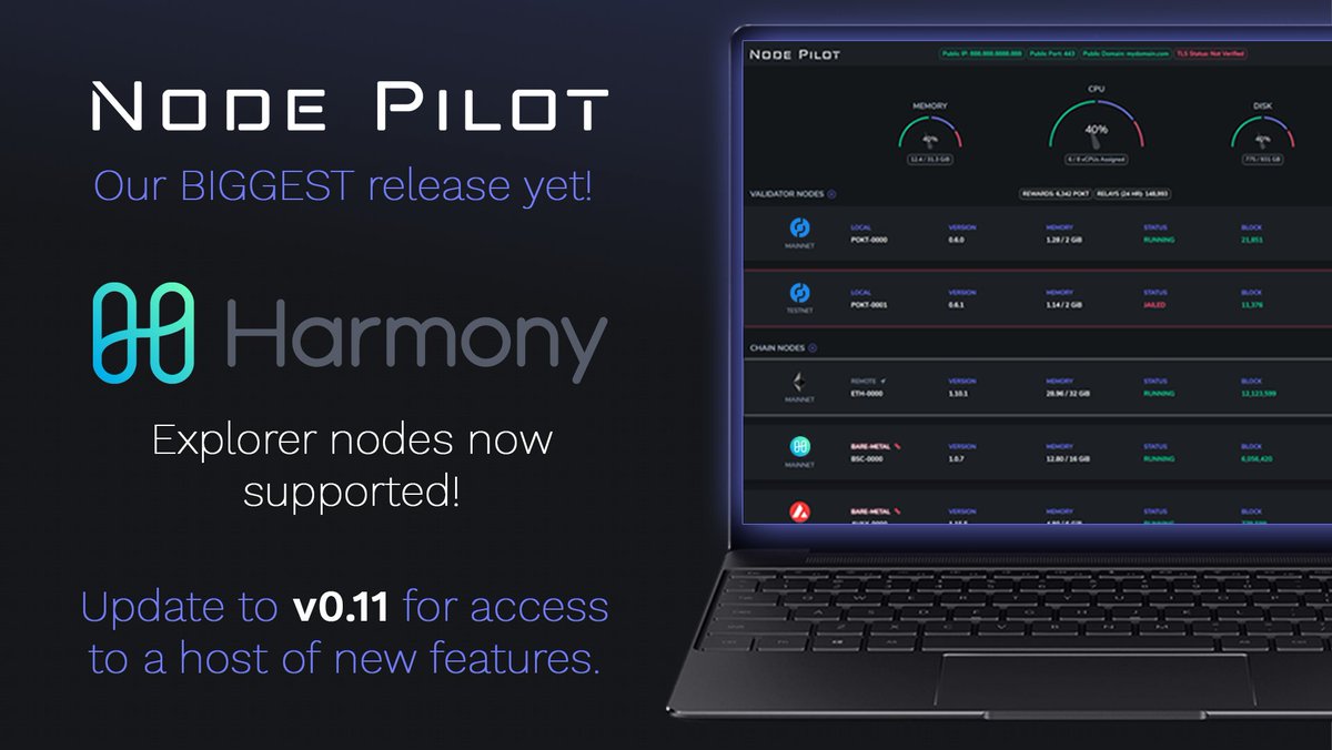 nodepilot's tweet photo. It's time... @Harmonyprotocol explorer nodes are HERE!!

Other new features also included:

✅ 1-click chain data bootstrapping
☑️ Add chains to @POKTnetwork Validators
✅ Set custom staking amounts
☑️ Many other features and fixes!

Update to v0.11 👇
https://t.co/s28SraJHT1 https://t.co/4nkvUxFe1B