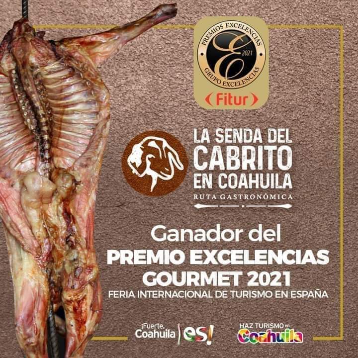 Felicitamos a #Coahuila por obtener el #PremioExcelenciasGourmet2021, con “La Senda del Cabrito en Coahuila” una #RutaGastronómica que rescata las tradiciones de la cocina norestense y enaltece la diversidad culinaria de México🇲🇽

🏆¡Enhorabuena por tan merecido reconocimiento!